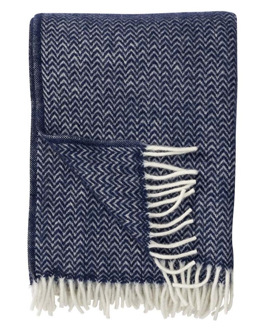 good thing Klippan Chevron Woven Lambswool Blanket - Dark Denim