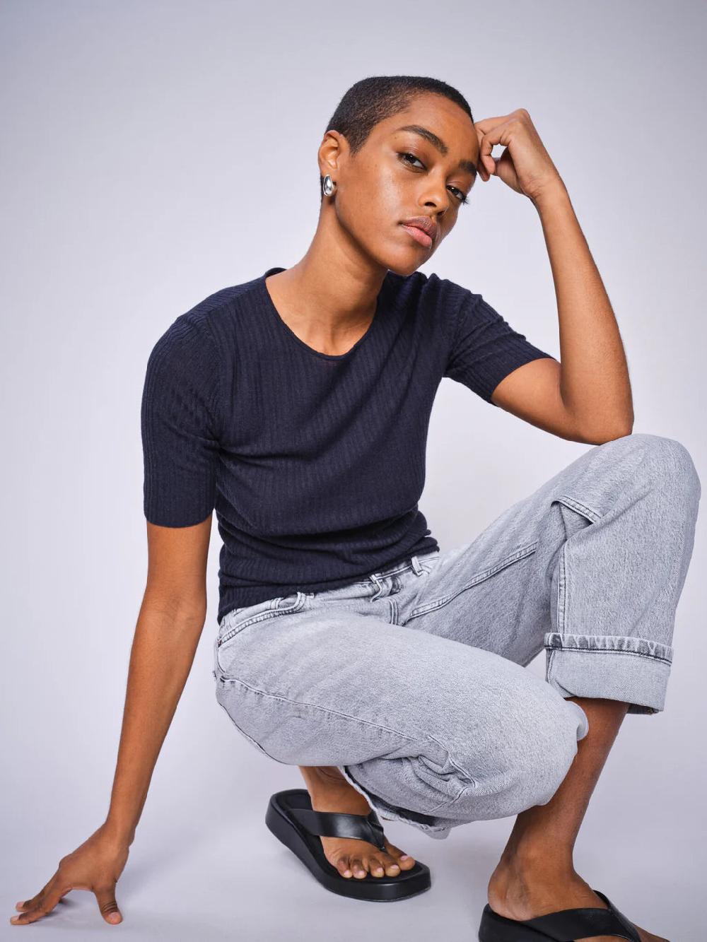 good thing Mos Mosh Bouch Rib Short Sleeve Knit - Salute Navy