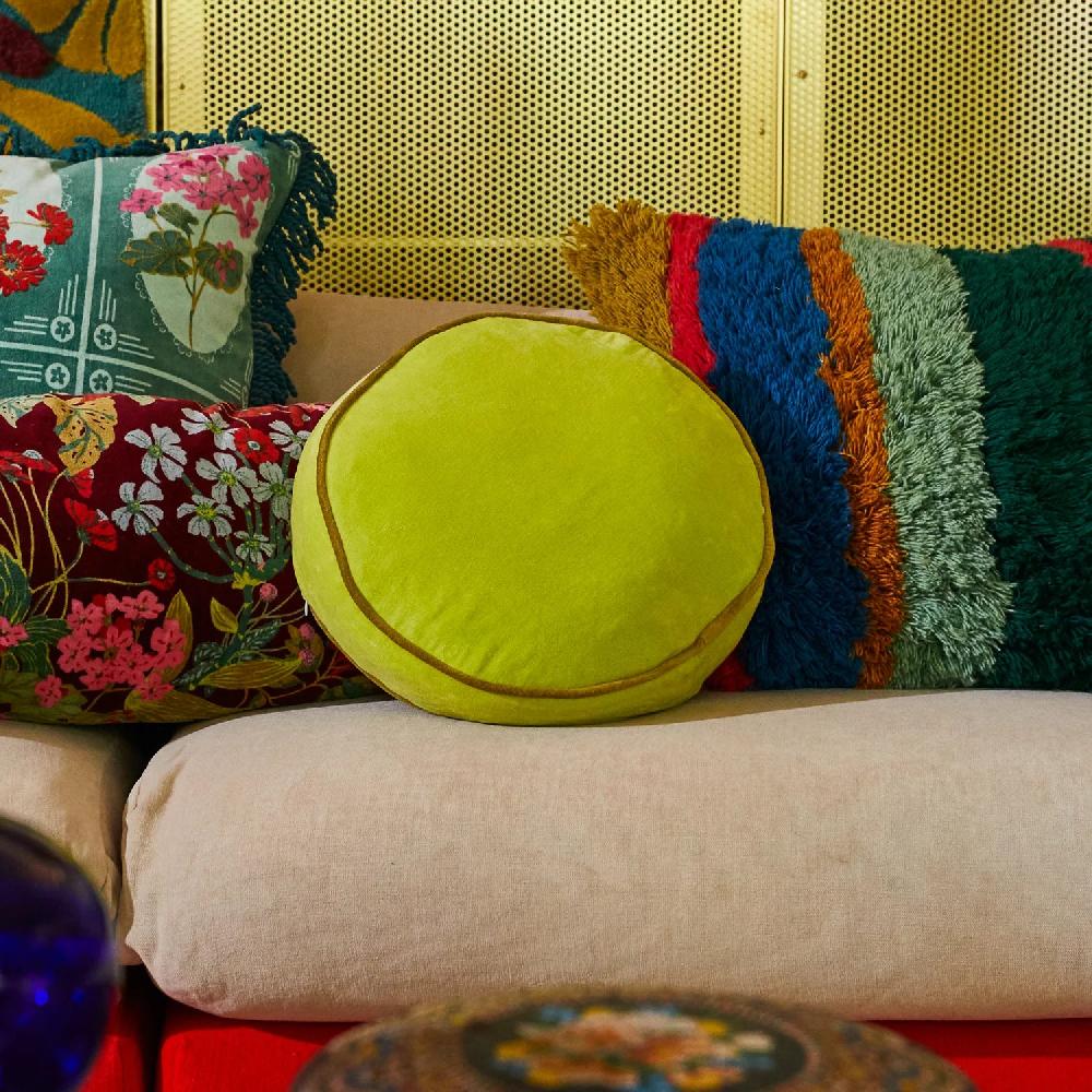 good thing Sage and Clare Castilo Round Velvet Cushion - Chartreuse