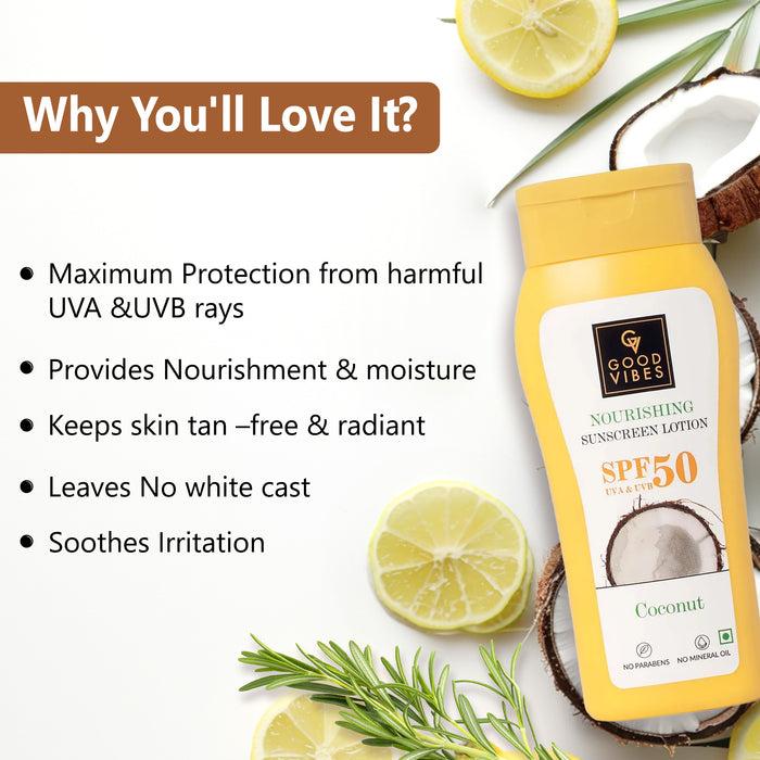 Good Vibes Coconut Nourishing Sunscreen Lotion SPF 50 With Lime & Rosemary Leaf Oil
