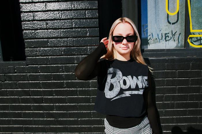 Goodie Two Sleeves David Bowie Distressed Logo Women's Crop Top