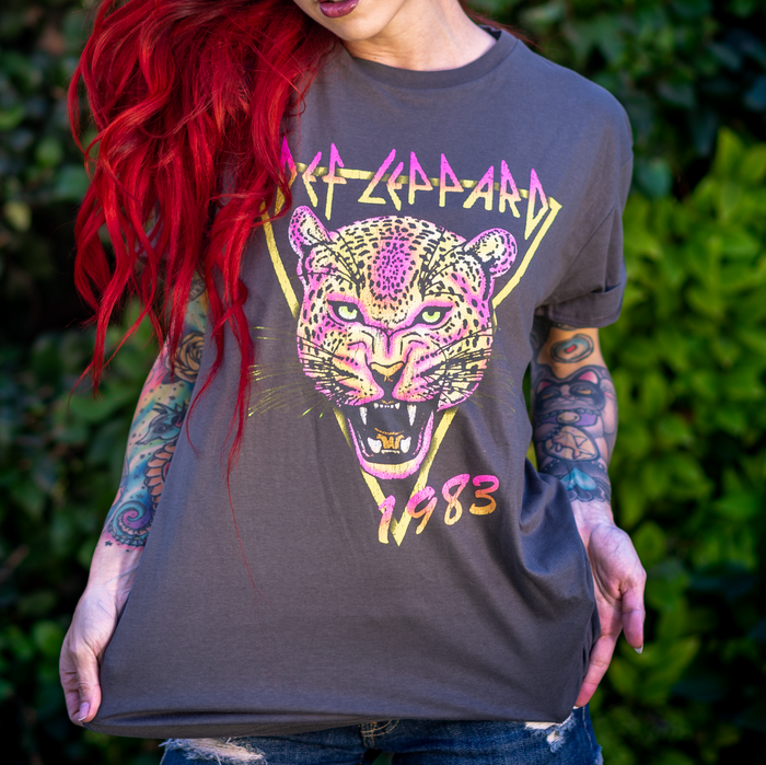 Goodie Two Sleeves Def Leppard Neon Cat Rolled Sleeve Boyfriend Tee