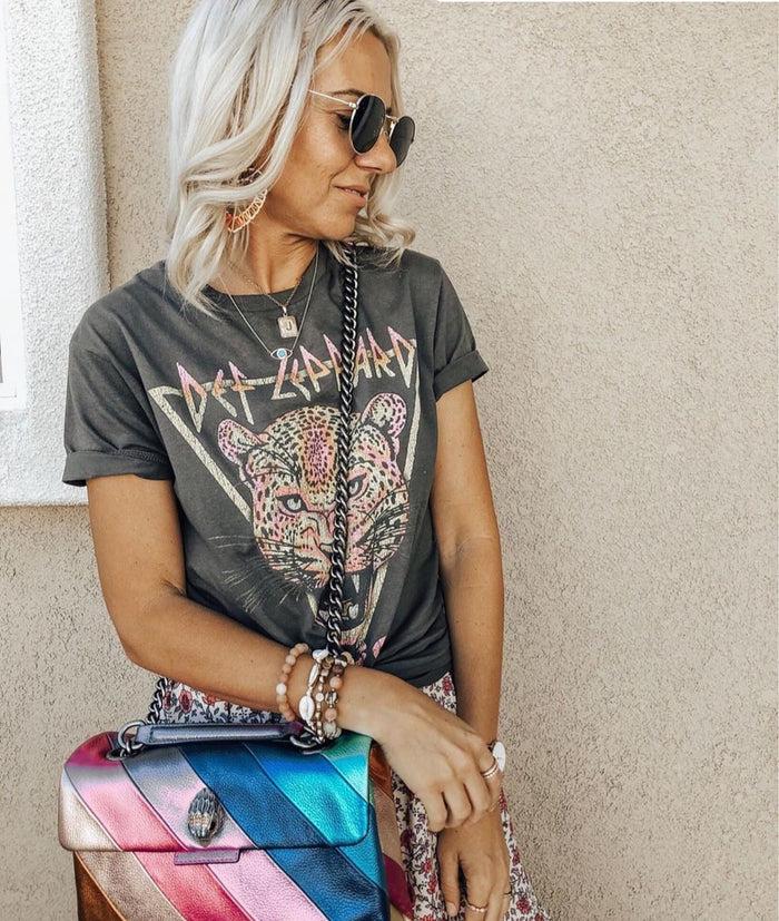 goodie two sleeves Def Leppard Neon Cat Rolled Sleeve Boyfriend Tee