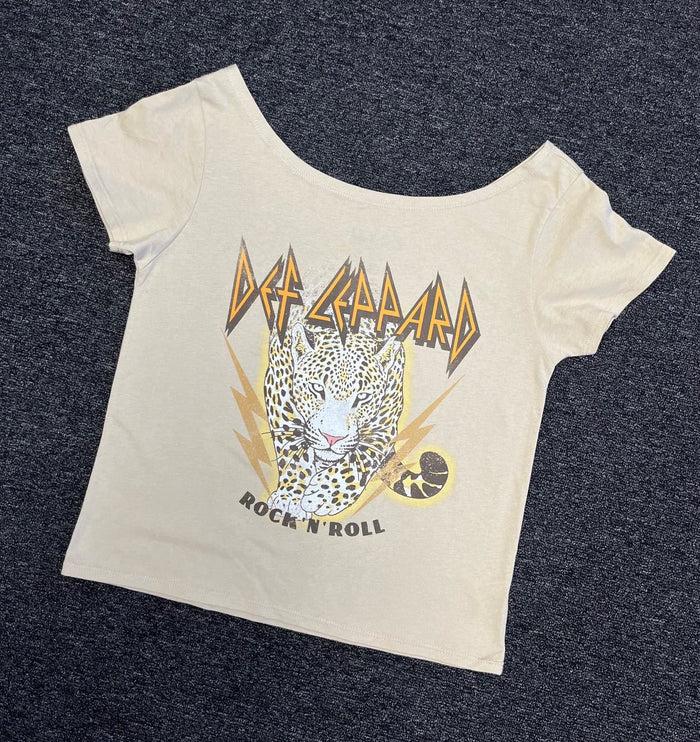 goodie two sleeves Def Leppard R n R Lepoard Off the Shoulder Juniors Tee