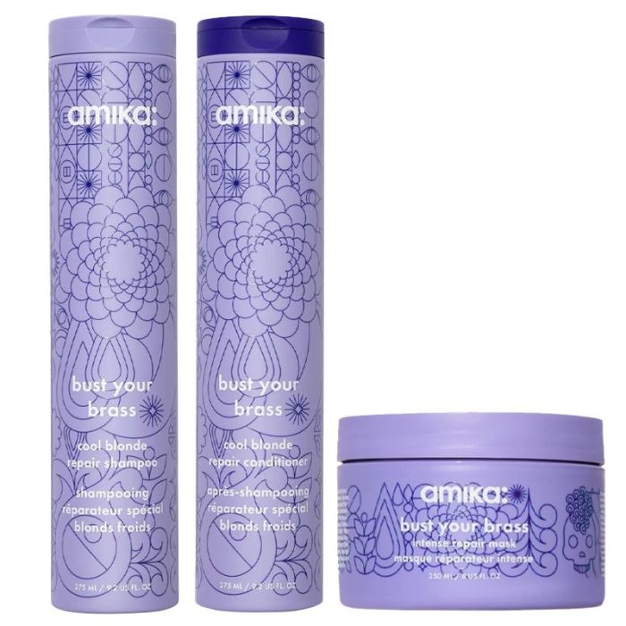 gorgeous amika Bust Your Brass Shampoo 275ml Conditioner 250ml and Mask 250ml