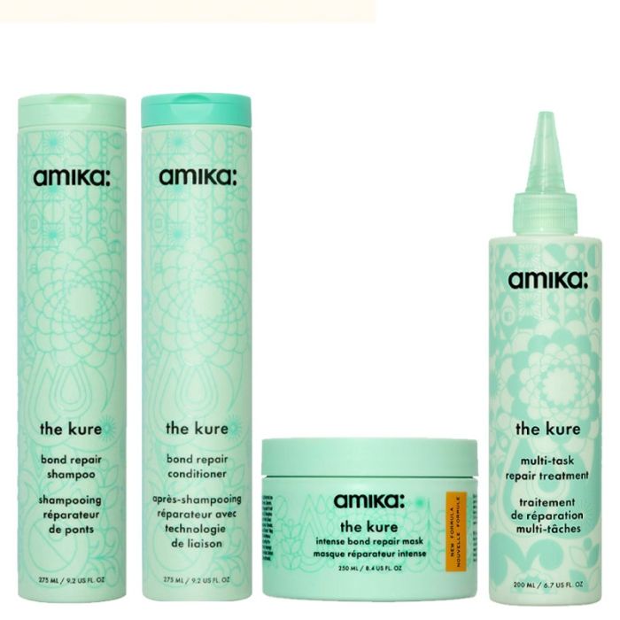 gorgeous amika The Kure Bond Repair Shampoo 275ml & Bond Repair Conditioner 275ml Pack & Bond Repair Mask 250ml & Multitask Treatment 200ml