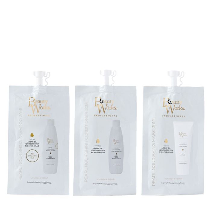 gorgeous Beauty Works Pearl Nourishing Shampoo 30ml - Sulphate Free Pearl Nourishing Conditioner 30ml & Pearl Nourishing Mask 30ml Pack