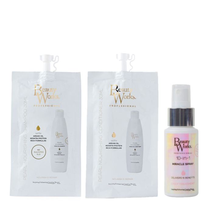 gorgeous Beauty Works Pearl Nourishing Shampoo 30ml - Sulphate Free Pearl Nourishing Conditioner 30ml & 10 in 1 Miracle Spray 30ml Pack