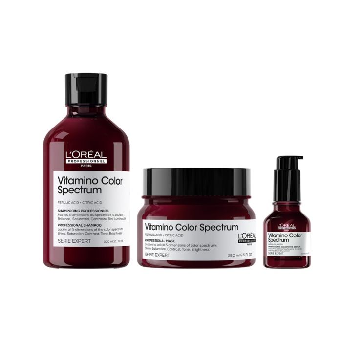 gorgeous L'Oréal Professionnel Vitamino Color Spectrum Shampoo 300ml Rinse Off Hair Mask 250ml and Glass Shine Serum 50ml Pack