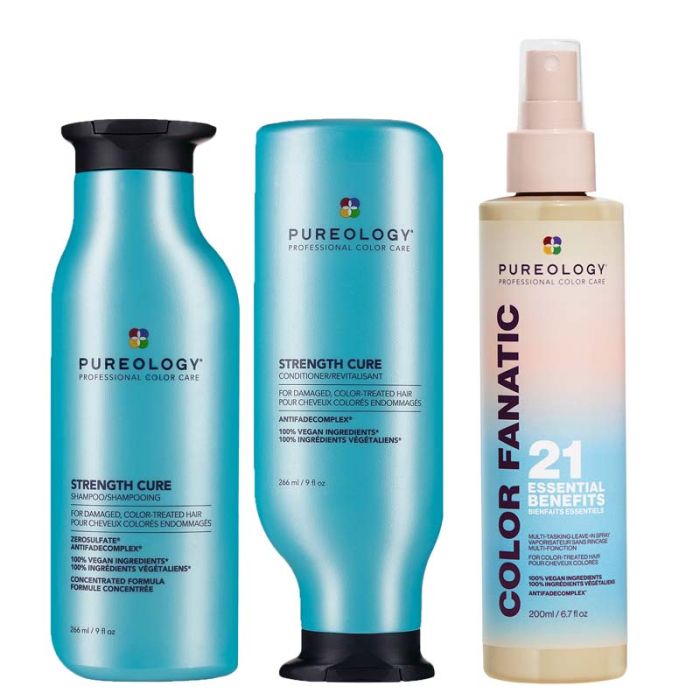 gorgeous Pureology Strength Cure Shampoo 266ml Strength Cure Conditioner 266ml & Color Fanatic Multi-Tasking Spray 200ml Pack