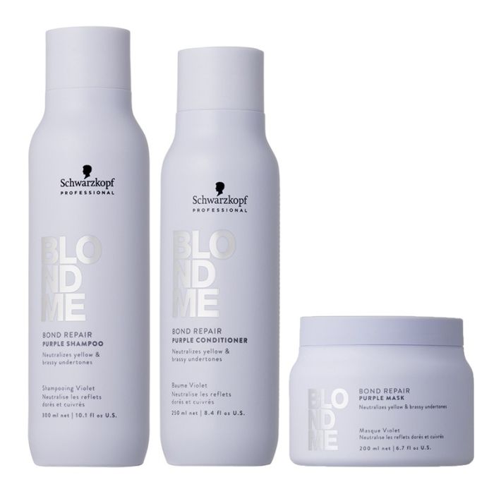 gorgeous Schwarzkopf BlondMe Bond Repair Purple Shampoo 300ml BlondMe Purple Conditioner 250ml & BlondMe Purple Mask 200ml Pack