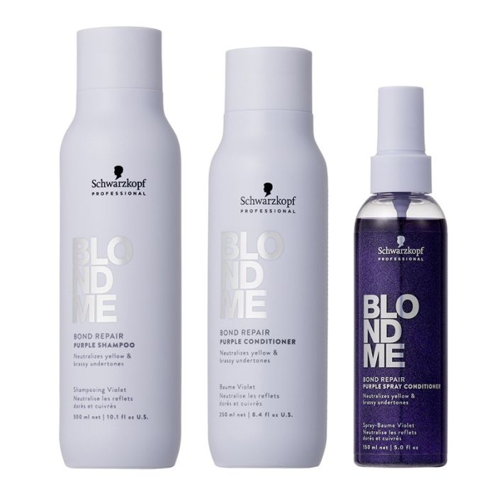 gorgeous Schwarzkopf BlondMe Bond Repair Purple Shampoo 300ml BlondMe Purple Conditioner 250ml & BlondMe Purple Spray Conditioner 150ml Pack