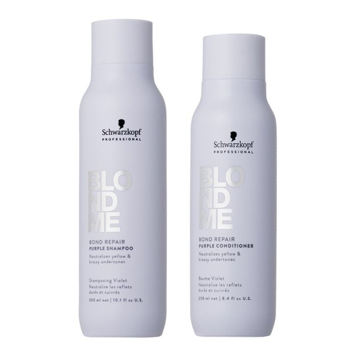 gorgeous Schwarzkopf BlondMe Bond Repair Purple Shampoo 300ml & BlondMe Purple Conditioner 250ml Duo