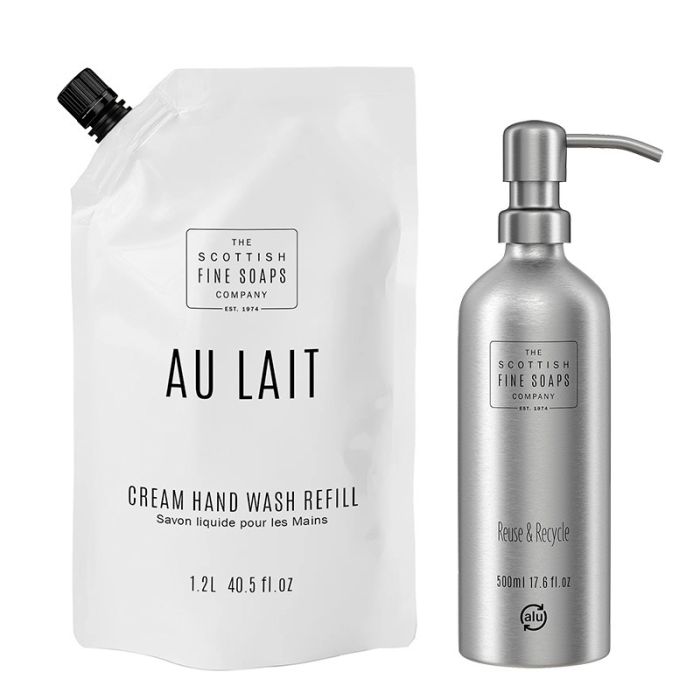 gorgeous Scottish Fine Soaps Au Lait Hand Wash Refill Pouch 1.2L & Free Refillable Aluminium Bottle 500ml with pump (Worth £9.50 ) Duo