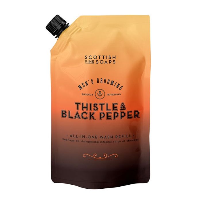 gorgeous Scottish Fine Soaps Thistle & Black Pepper All In One Wash Refill 1.2ltr Pouch