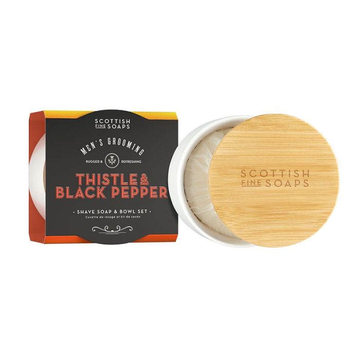 gorgeous Scottish Fine Soaps Thistle & Black Pepper Shave Soap & Bowl Set 100g