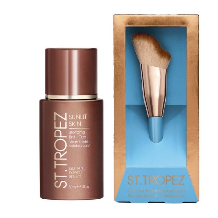 gorgeous St Tropez Sunlit Skin Express Bronzing Tint Self Tan 30ml & Expert Tantour & Application Face Brush Duo
