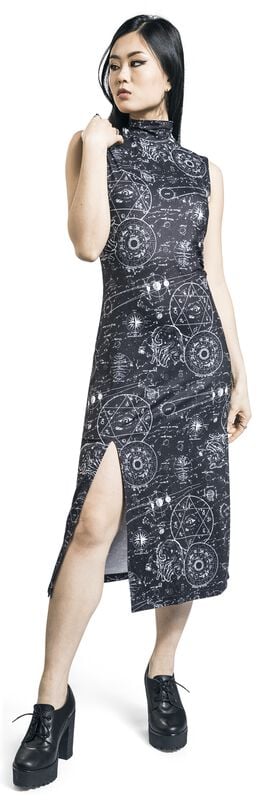 Gothicana By Emp "Alchemy Cat Print Midi Cut Out Dress" Midi Dress Black-white By Jawbreaker