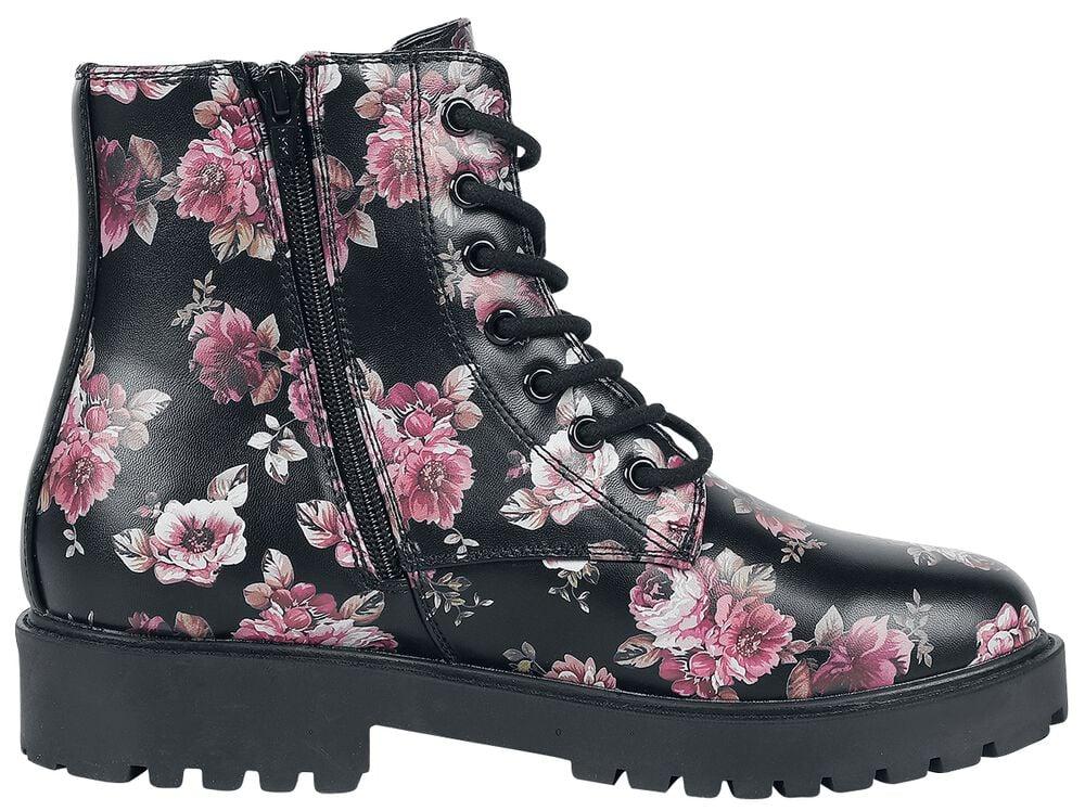 Gothicana By Emp "Black Lace-Up Boots With Floral All-Over Print" Boot Black By Rock Rebel By EMP