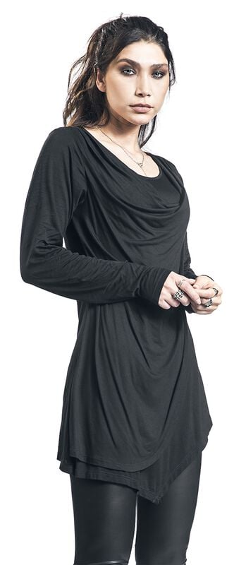 Gothicana By Emp "Black Long-Sleeve Shirt With Waterfall Neckline" Long-sleeve Shirt Black By Black Premium By EMP