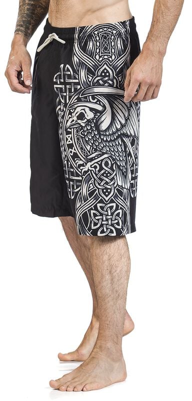 Gothicana By Emp "Black Swim Shorts With Celtic-Style Raven Print" Swim Shorts Black By Black Premium By EMP
