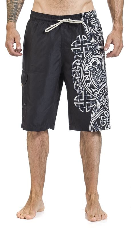 gothicana by emp "Black Swim Shorts with Celtic-Style Raven Print" Swim Shorts black by Black Premium by EMP