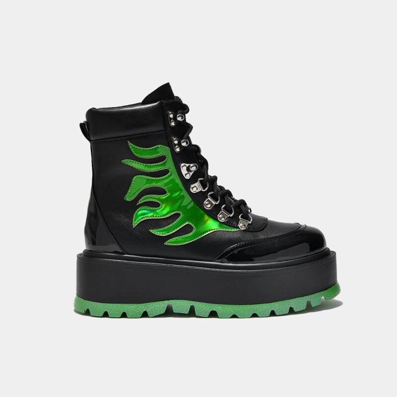Gothicana By Emp "CHA CHA CHA Hologram Flame Boots" Laced Boots Black-green By KOI