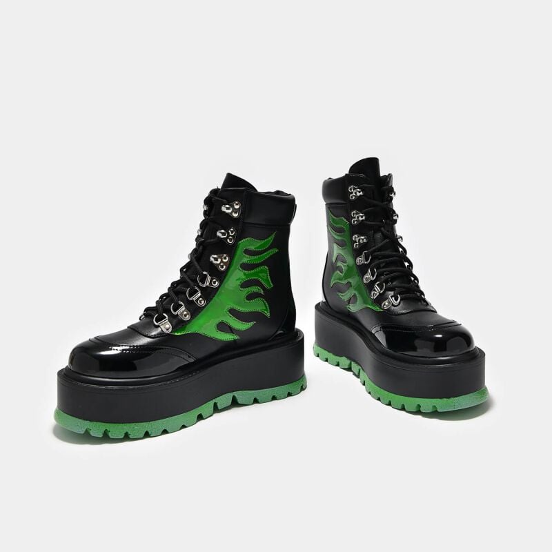 Gothicana By Emp "CHA CHA CHA Hologram Flame Boots" Laced Boots Black-green By KOI