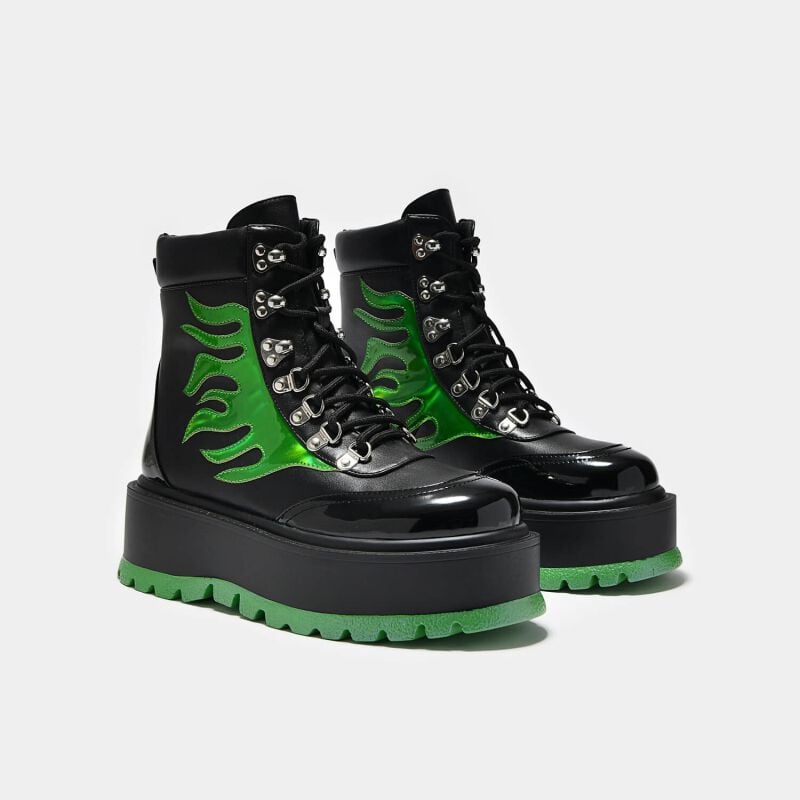 gothicana by emp "CHA CHA CHA Hologram Flame Boots" Laced Boots black-green by KOI