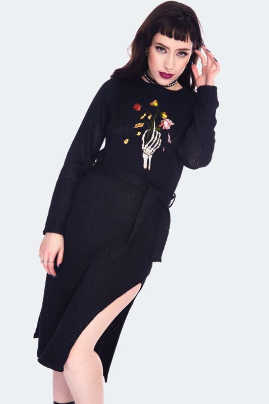 Gothicana By Emp "Dead Flowers Embroidered Knitted Midi Dress" Midi Dress Black By Jawbreaker