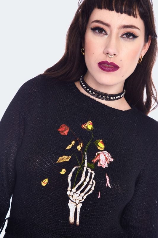Gothicana By Emp "Dead Flowers Embroidered Knitted Midi Dress" Midi Dress Black By Jawbreaker
