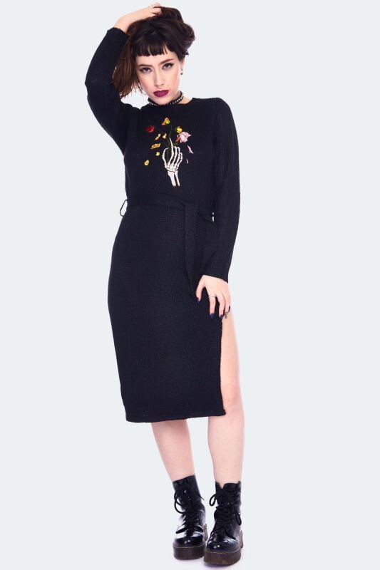 gothicana by emp "Dead Flowers Embroidered Knitted Midi Dress" Midi Dress black by Jawbreaker