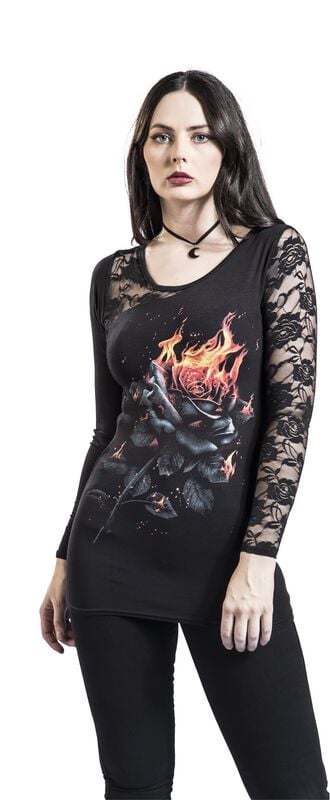 Gothicana By Emp "Flaming Rose" Long-sleeve Shirt Black By Spiral