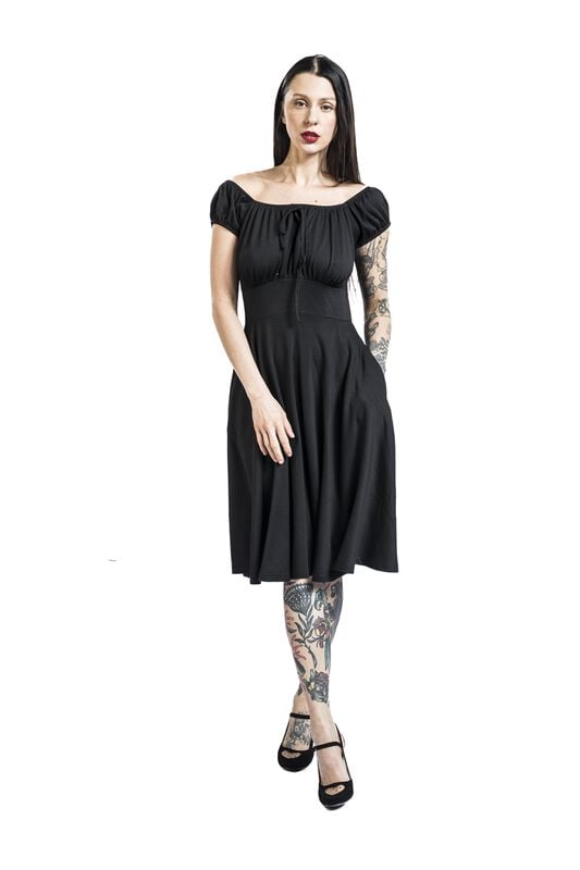 Gothicana By Emp "Gathered Neckline Flare Dress" Midi Dress Black By Voodoo Vixen