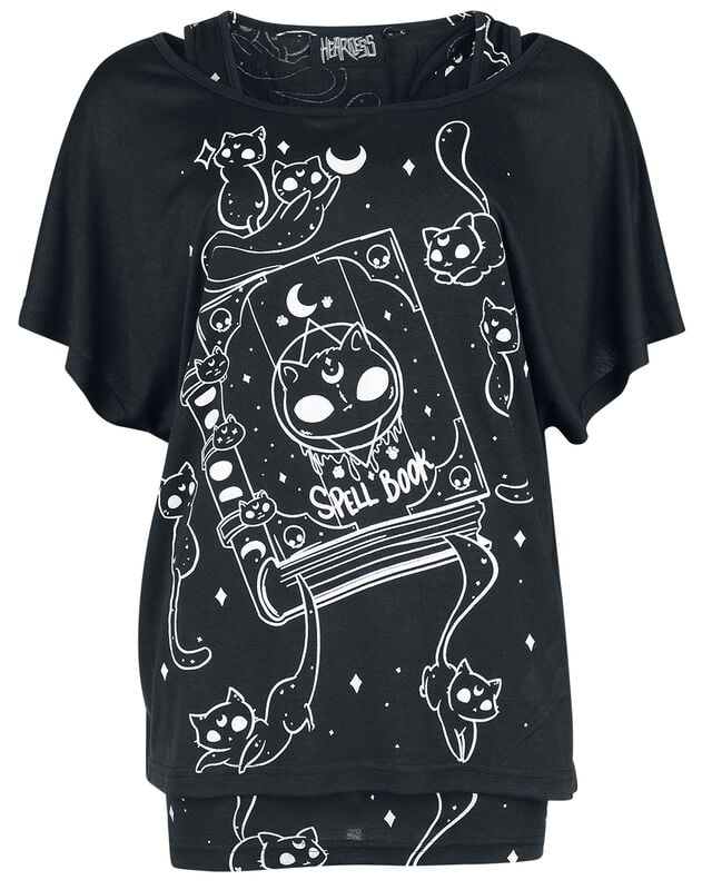 Gothicana By Emp "Kitty Spellbook Top" T-Shirt Black-white By Heartless