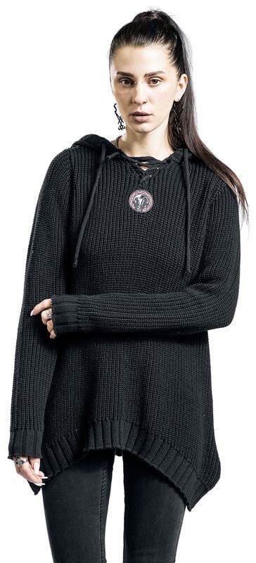 Gothicana By Emp "Knitted Pullover With Hood And Lacing" Knit Jumper Black By Black Premium By EMP