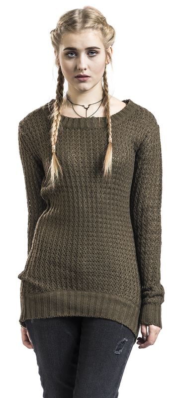 Gothicana By Emp "Ladies Long Wideneck Sweater" Knit Jumper Olive By Urban Classics