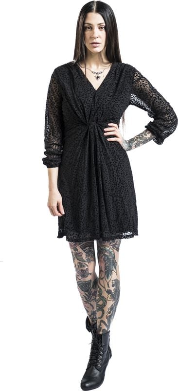Gothicana By Emp "Leopard Velvet Flocking Knot Front Mini Dress" Mini Dress Black By QED London