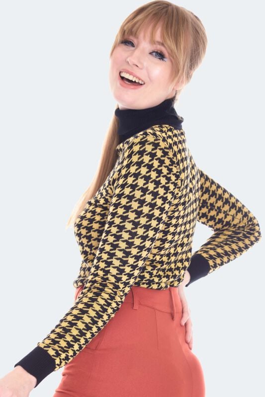 Gothicana By Emp "Mustard And Black Houndstooth Jumper" Knit Jumper Yellow-black By Voodoo Vixen