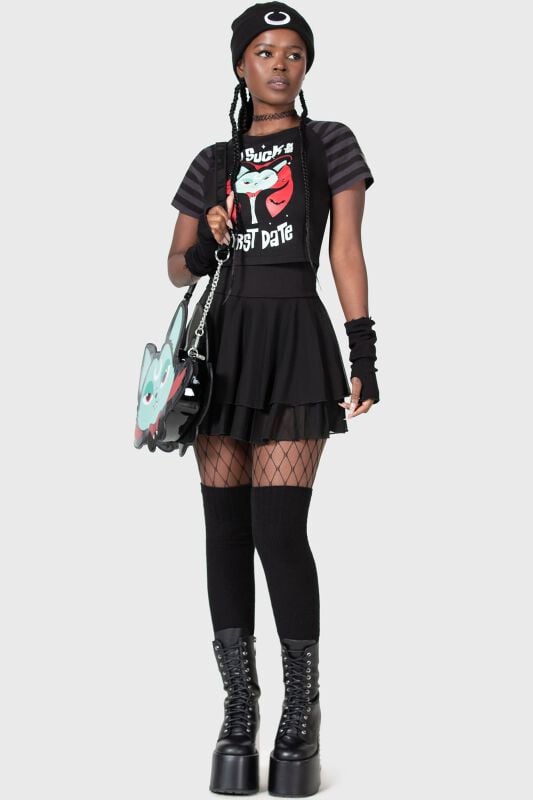 Gothicana By Emp "Purrrfect Pairing Crop Top" T-Shirt Black-grey By THE VAMPURR By KILLSTAR