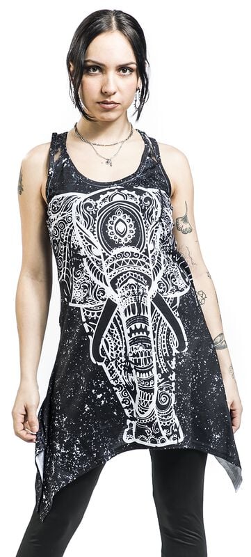 Gothicana By Emp "Spiritual Elephant Lace Panel Vest" Top Black-white By Innocent
