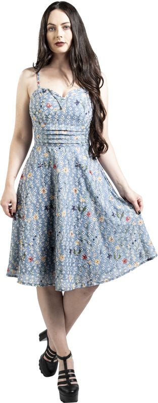 Gothicana By Emp "Summer Flowers Emb Flare Dress" Midi Dress Blue By Voodoo Vixen