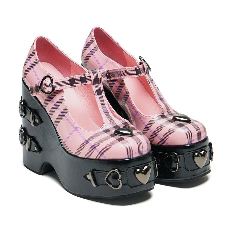 gothicana by emp "Sweet Apathy Plaid Wedge Mary Janes" High Heel black-pink by KOI