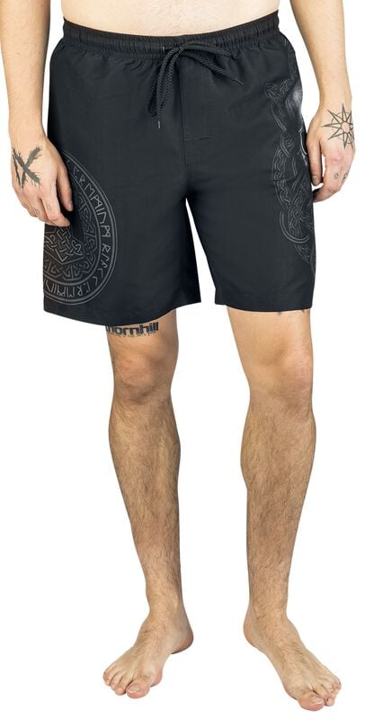 Gothicana By Emp "Swim Shorts With Skull And Runes Print" Swim Shorts Black By Black Premium By EMP