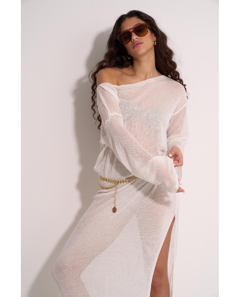 Gottex Classic Fishnet Long Sleeve Beach Dress White