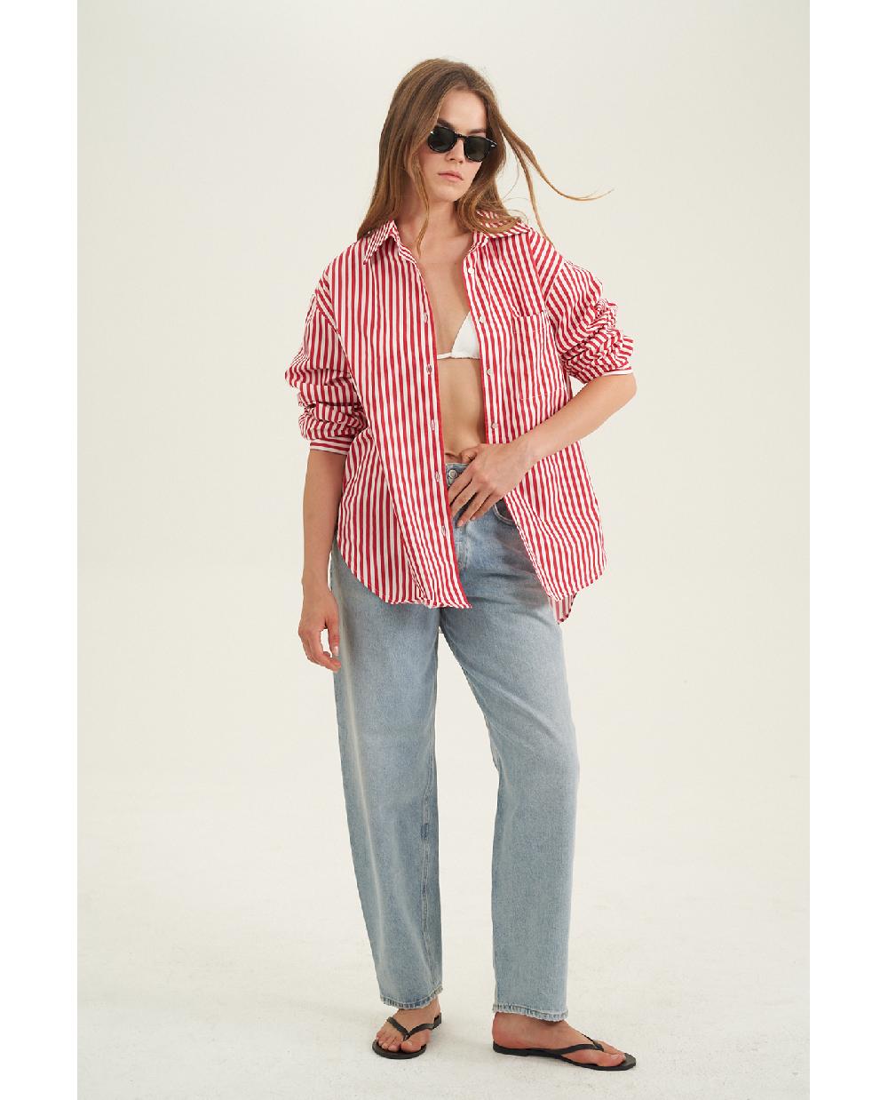 Gottex Oversized Cotton Button-Down Shirt Red