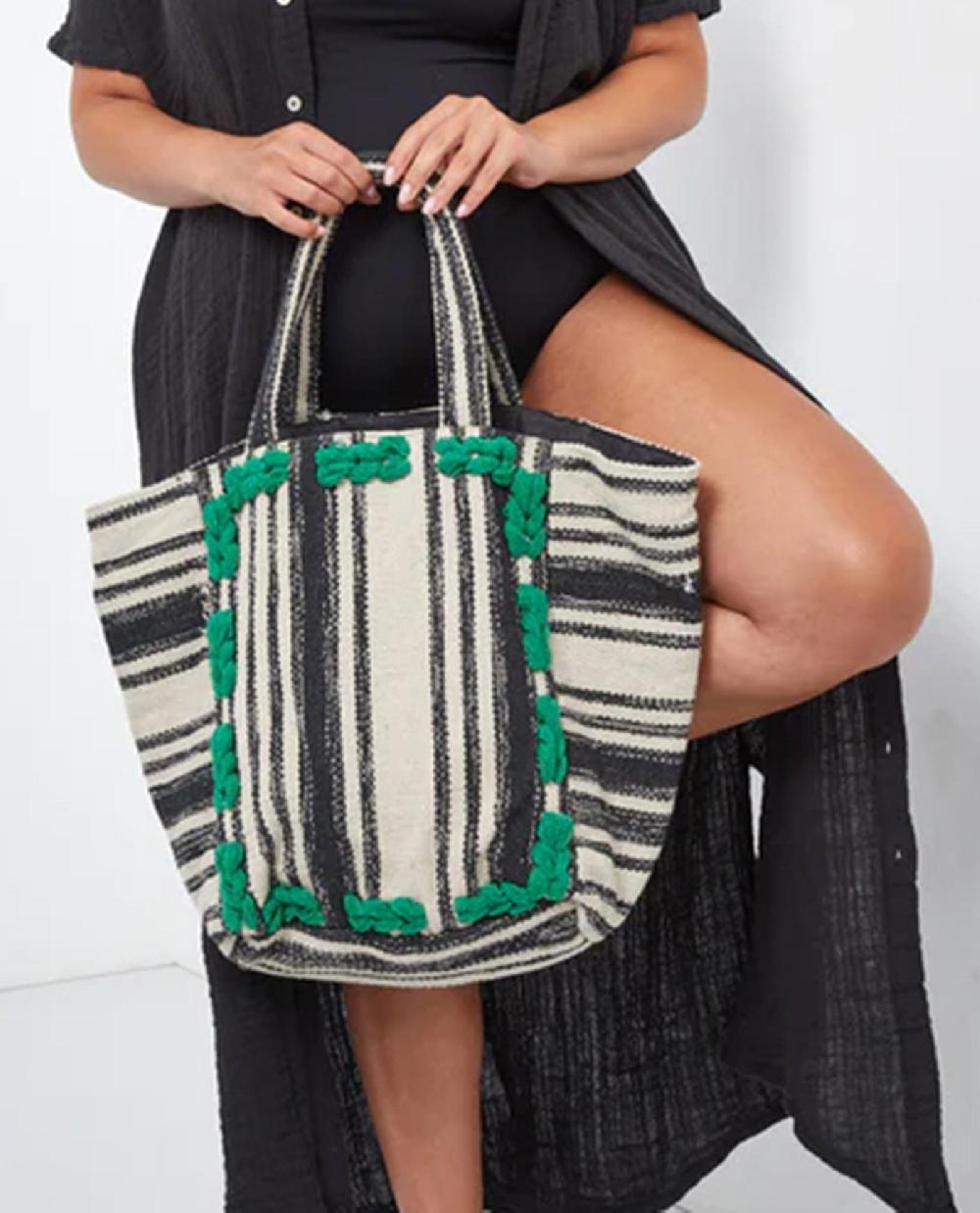 Gottex Pom Pom Striped Cotton Bag Gottex