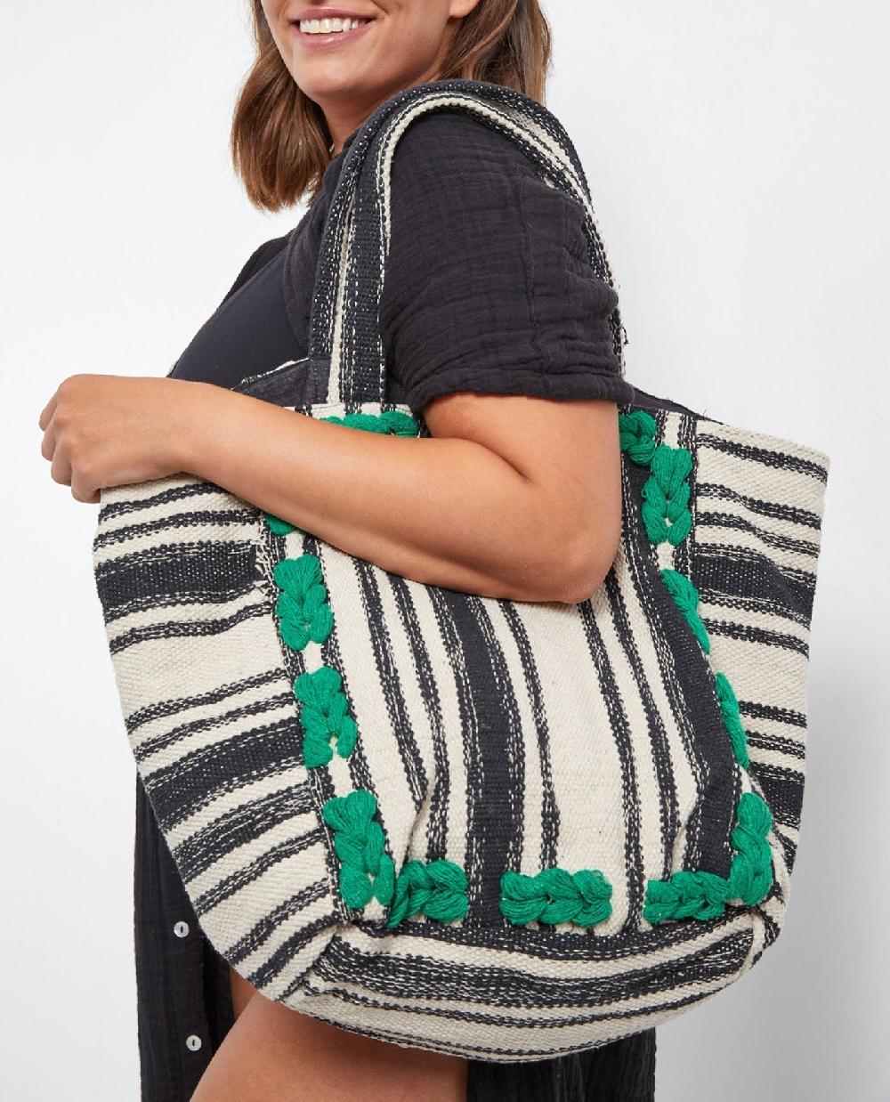 gottex Pom Pom Striped Cotton Bag Gottex