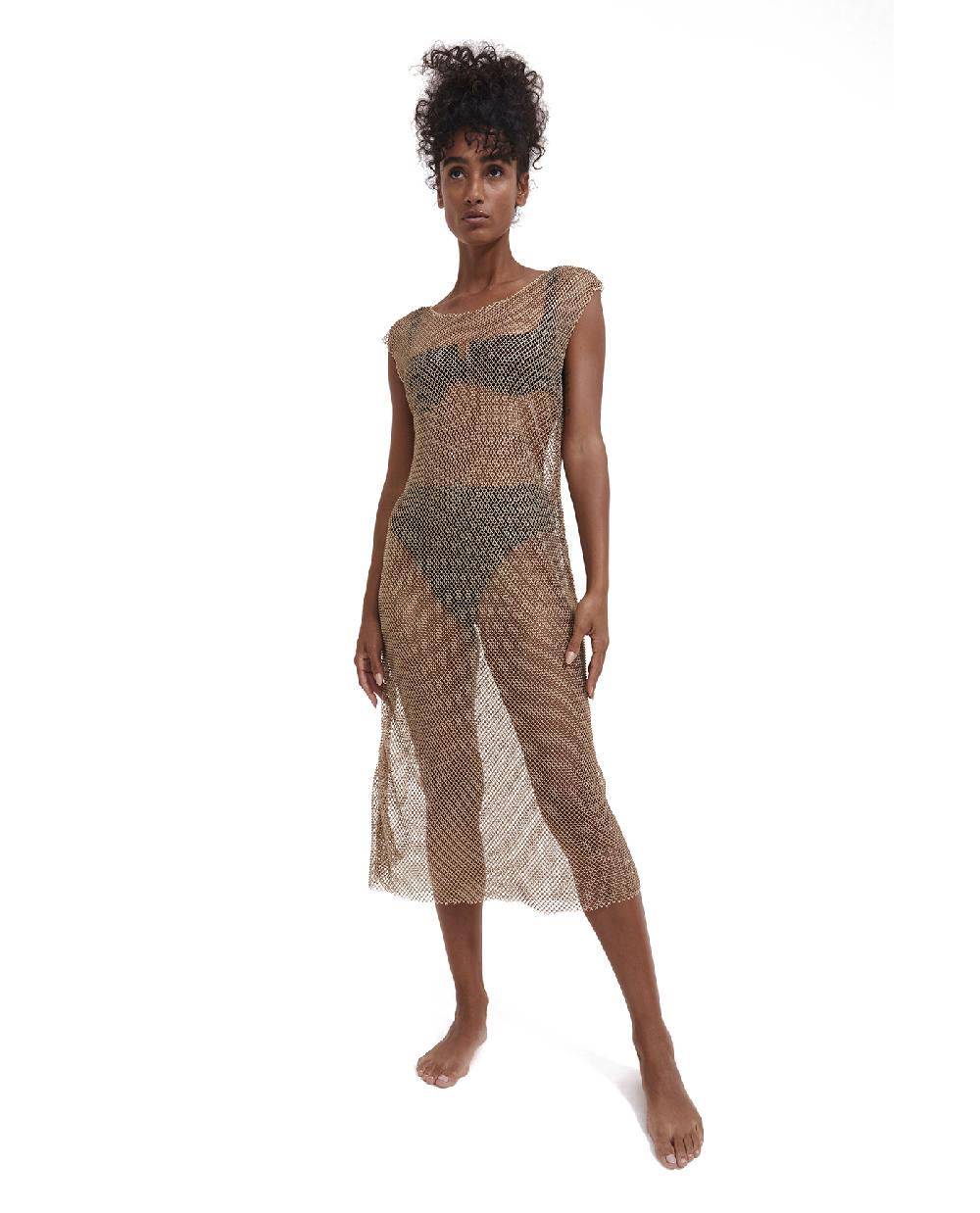 gottex Rhinestone Mesh Cover-Up Dress Beige