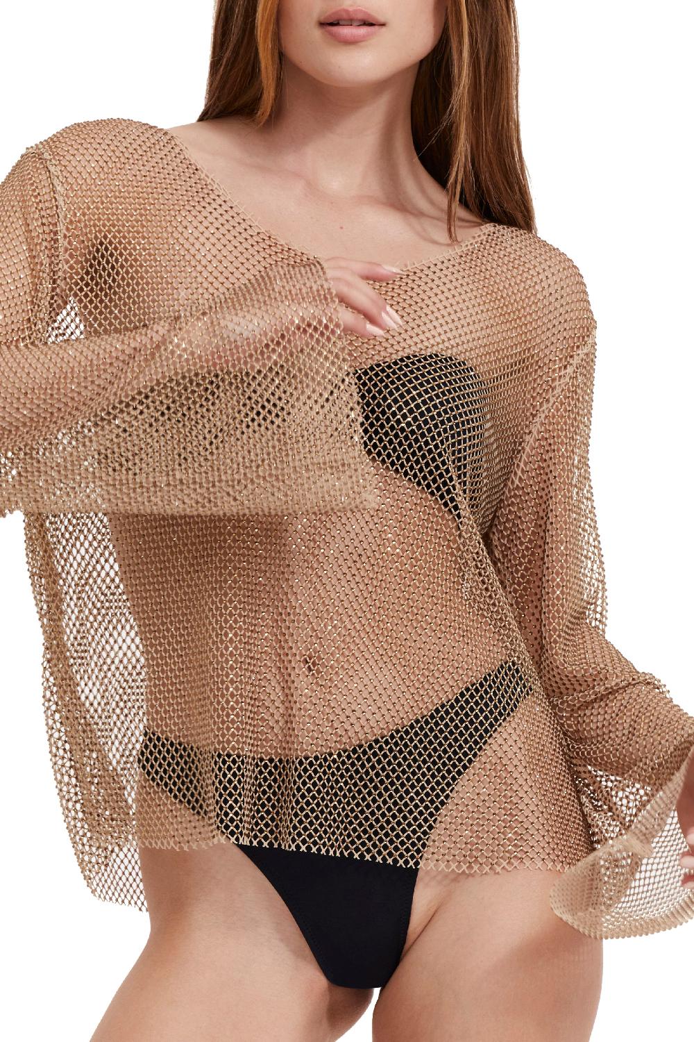 Gottex Rhinestone Mesh Cover-Up Top Beige